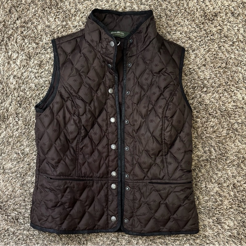 Eddie Bauer Womens 650 Goose Down Quilted Button Up Vest Brown Snowflakes- Small